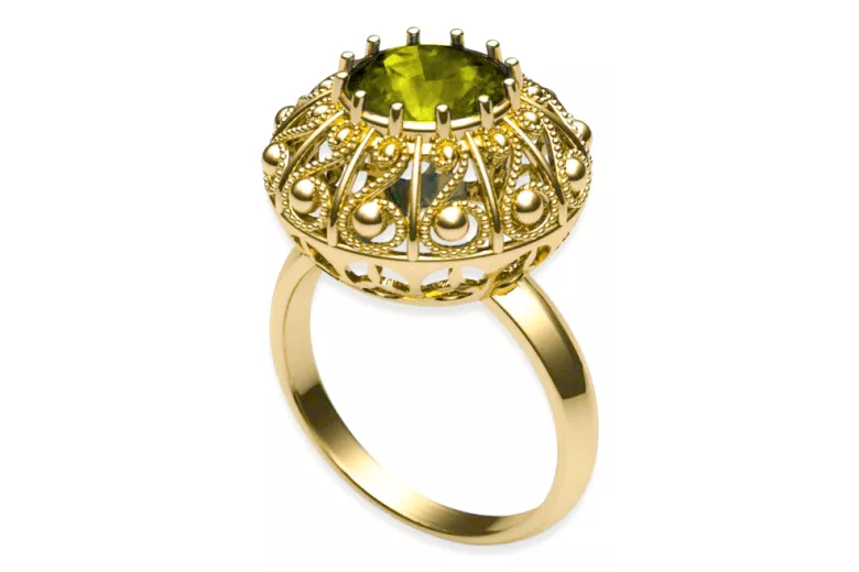 Žiedas Geltonasis peridotas 14k geltono aukso Vintažiniai amatai vrc059y